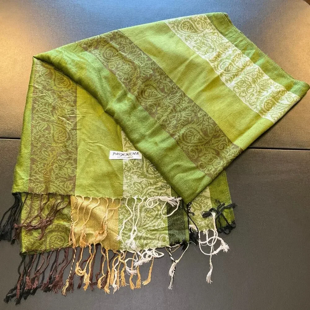 Pashmina Olive Green Paisley Fringe Shawl Wrap Scarf 23x72 Boho 100% Pashmina